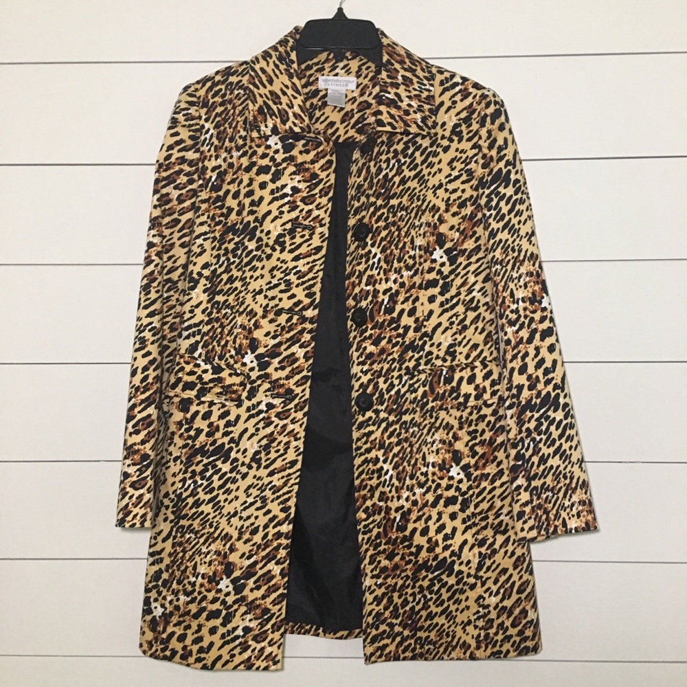 Worthington Stretch Leopard Coat Pockets Buttons
